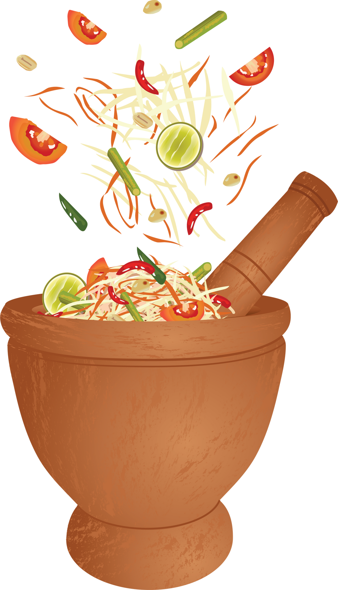 Thai papaya salad ingredients splash out of mortar